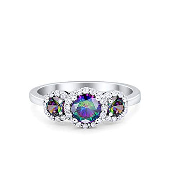 Three Stone Simulated Rainbow CZ Wedding Ring 925 Sterling Silver